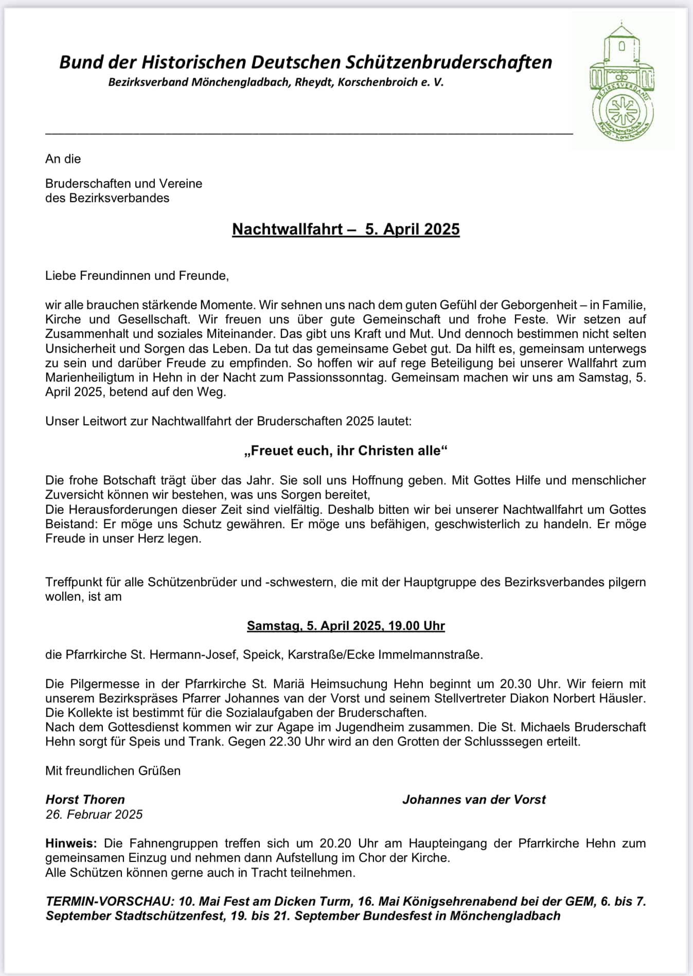 Einladung zur Nachwallfahrt am 05.04.2025 in Hehn