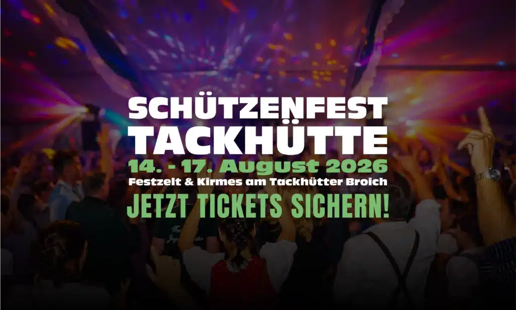 Plakat für den Start des Vorverkaufs zum Schützenfest Tackhütte 2026 in Mönchengladbach Giesenkirchen.
