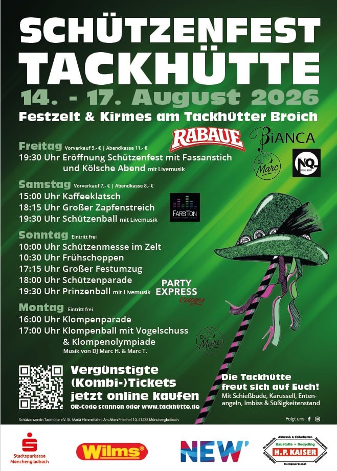 Green festival poster for Schützenfest Tackhütte, August 14–17, 2026, with schedule, venue details, and sponsor logos.